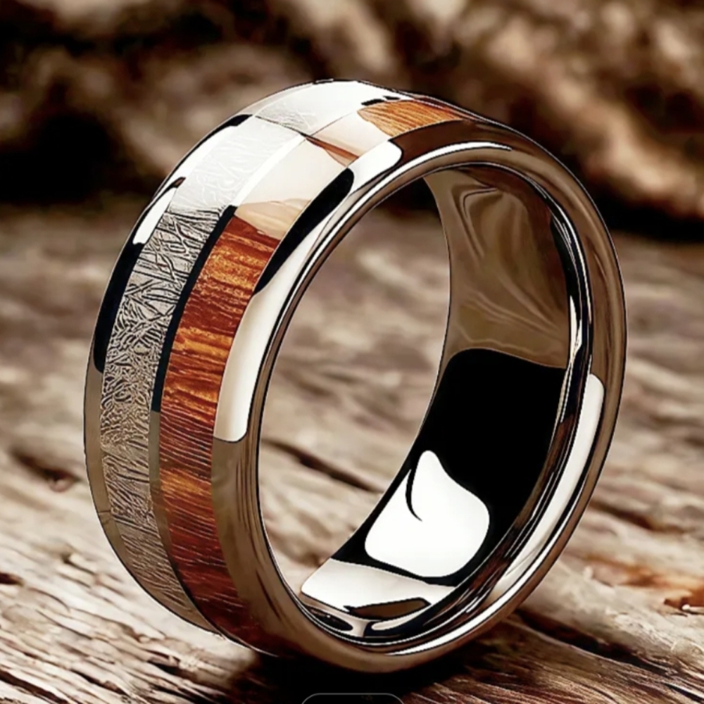 Elegant Retro Wood Stainless Steel Ring Unisex Size 9 New In Box